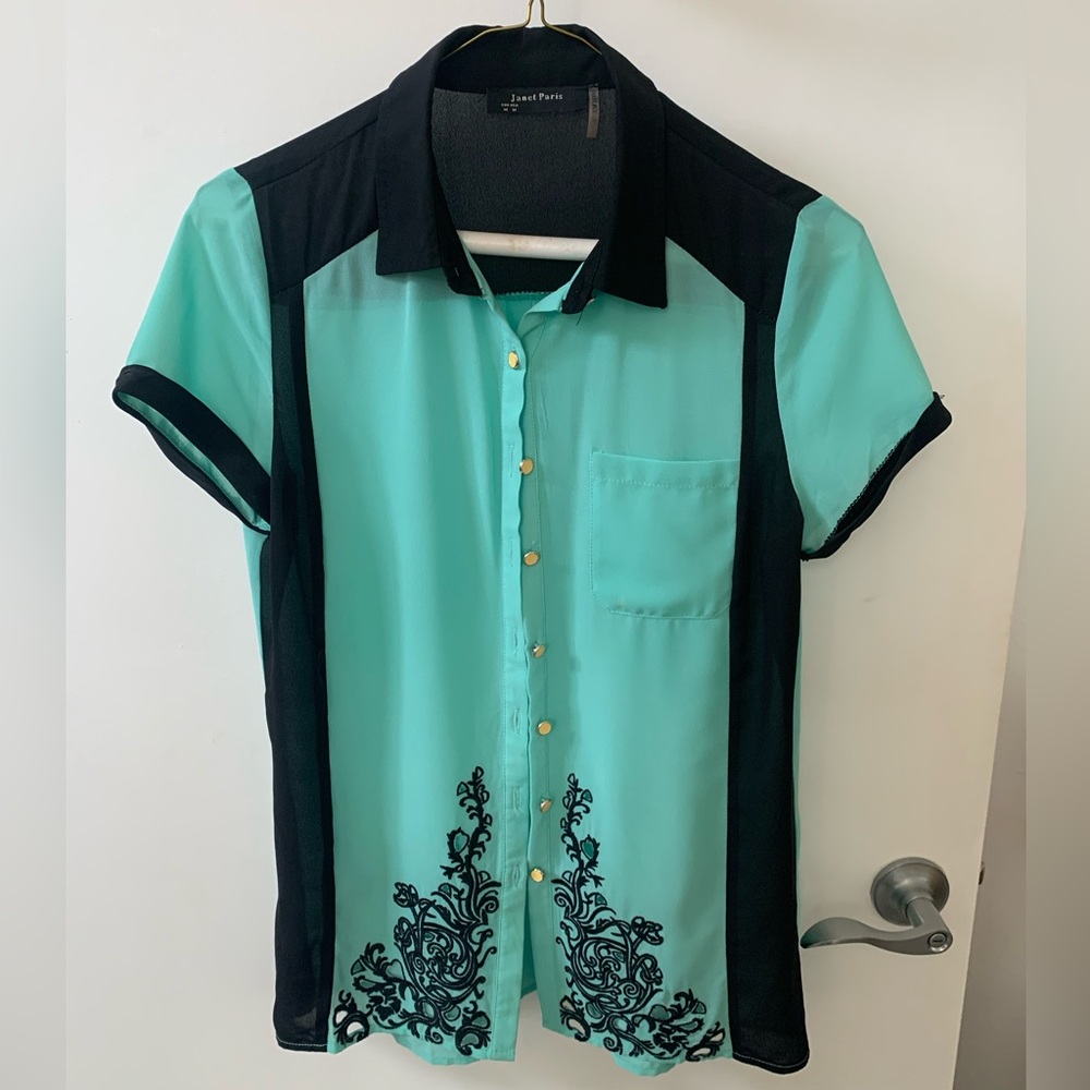 Janet Paris bowling shirt type sheer knit button up with embroidery.